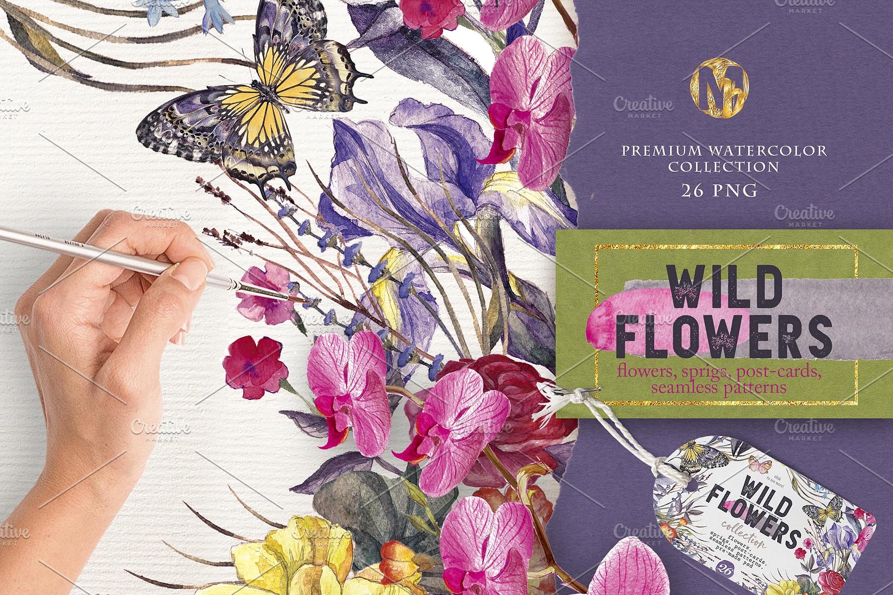 极力推荐:水彩设计素材合集(花草/花环/花束/树叶元素,明信片模板&无缝图案) Wildflowers vol.3