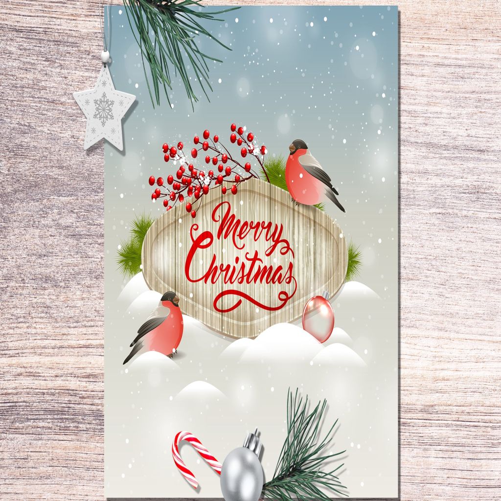 逼真圣诞节贺卡设计模板 Christmas Greeting Card with Bullfinch插图