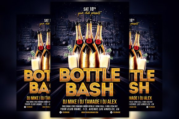 香槟DJ音乐派对宣传单制作素材 Bottle Bash Flyer Template