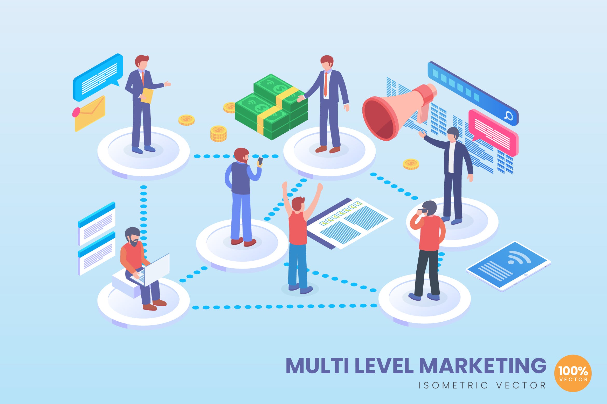 多维度场景化营销2.5D矢量等距概念插画 Isometric Multilevel Marketing Vector Concept