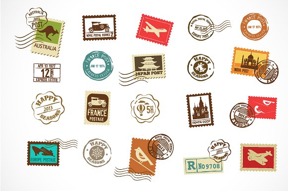 复古矢量邮票图标 Vintage vector stamps icons