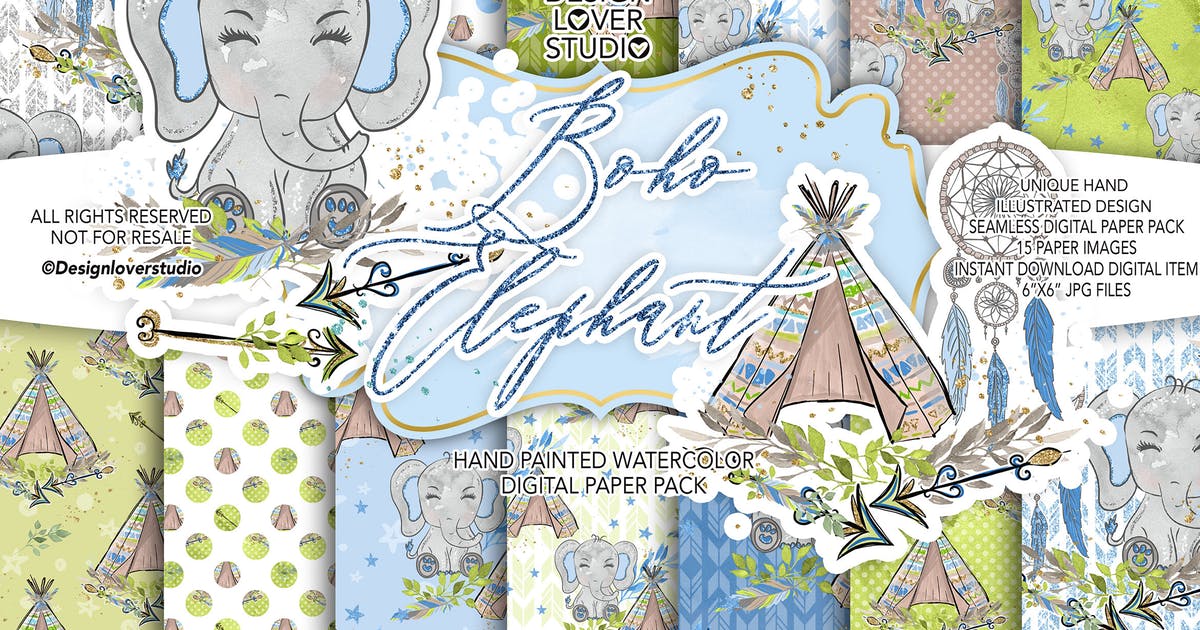 波西米亚风格可爱大象水彩背景图案合集 Boho Elephant Blue Cute digital paper