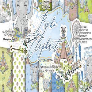 波西米亚风格可爱大象水彩背景图案合集 Boho Elephant Blue Cute digital paper
