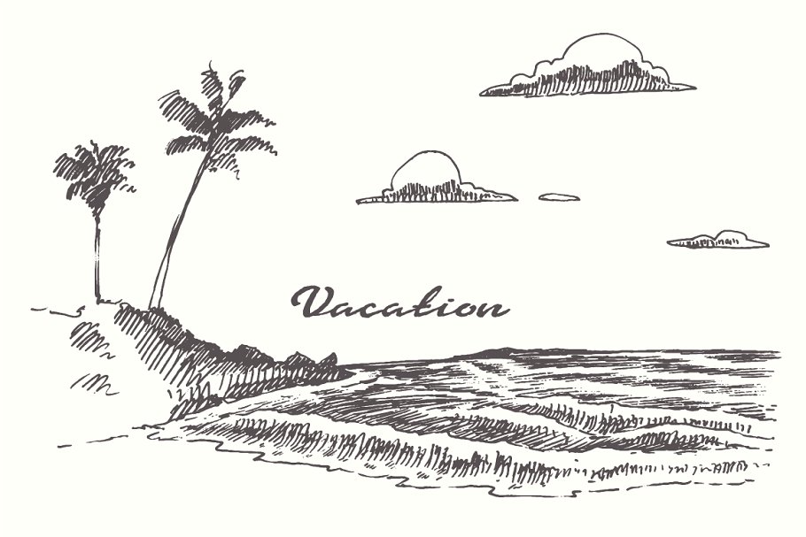 海边日落素描矢量图形 Set of sketches of seaside views