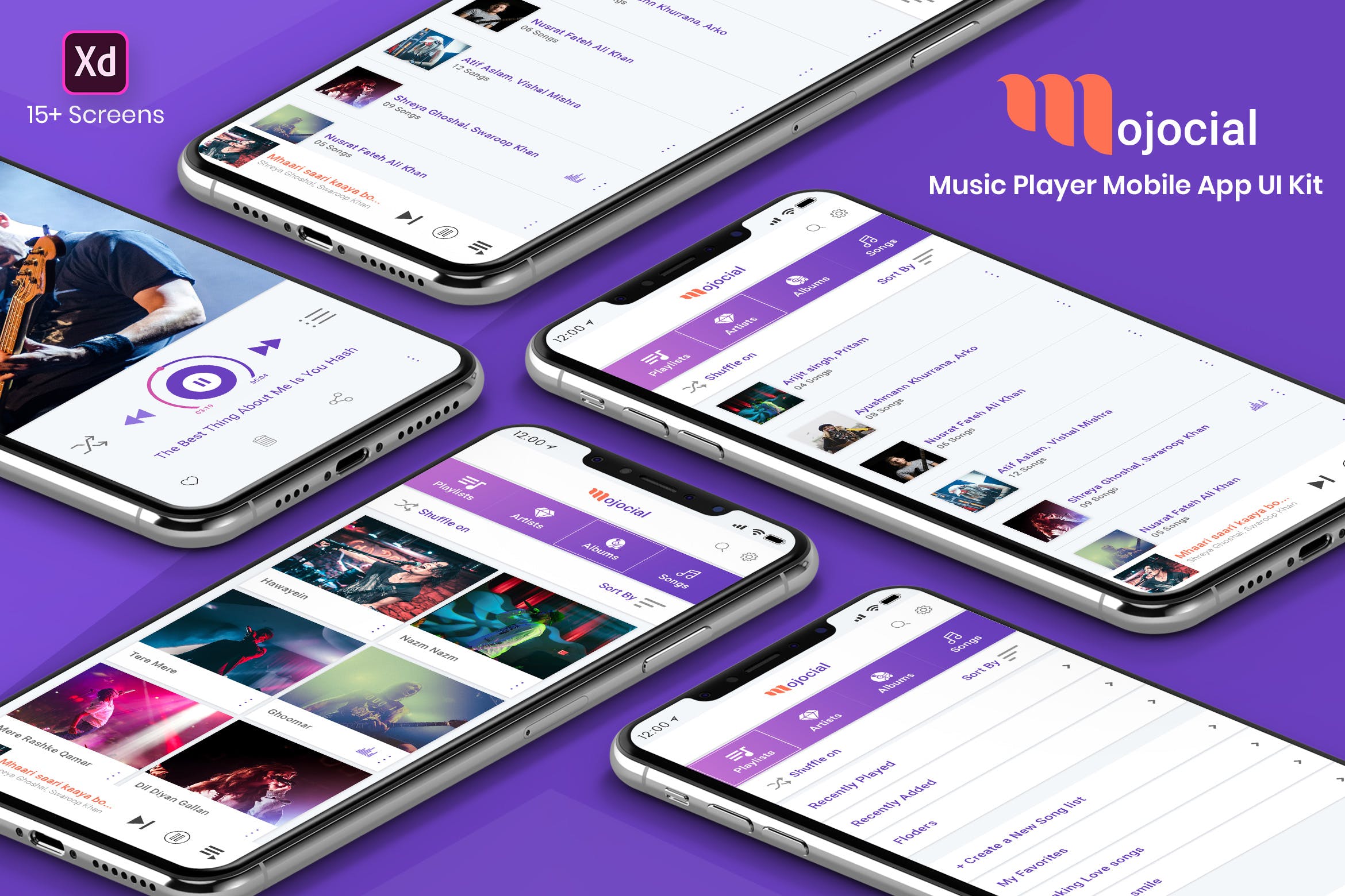 在线听歌APP应用UI界面设计XD模板 Mojocial-Music Player Mobile App UI Kit-(Adobe XD)