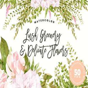 郁郁葱葱水彩花卉插画 Lush Greenery & Delicate Flowers