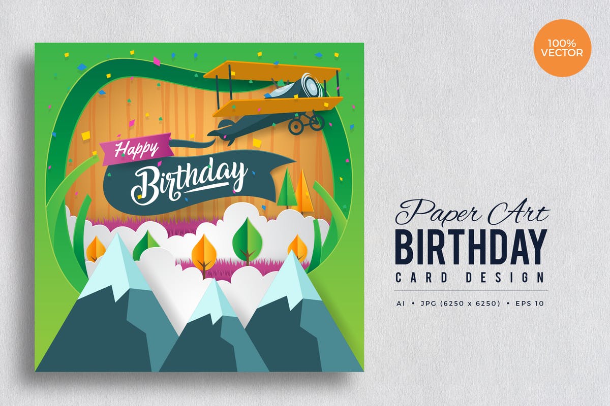剪纸艺术生日快乐矢量贺卡设计模板v5 Paper Art Happy Birthday Vector Card Vol.5