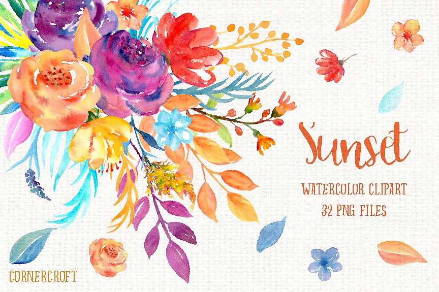 日落色调的水彩花朵剪贴画 Watercolor Clipart Sunset
