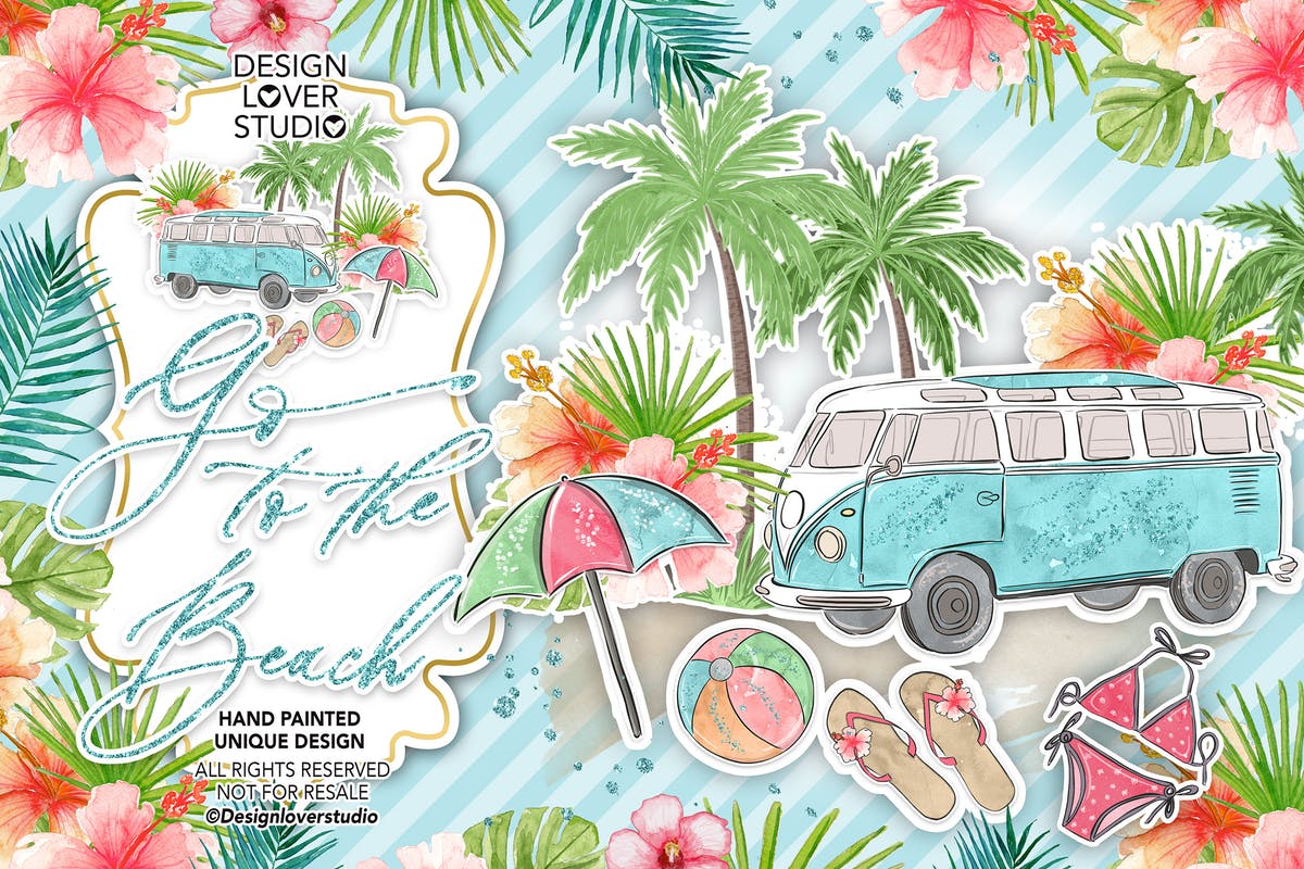 夏季海滩水彩剪贴画设计素材 Go to the Beach design