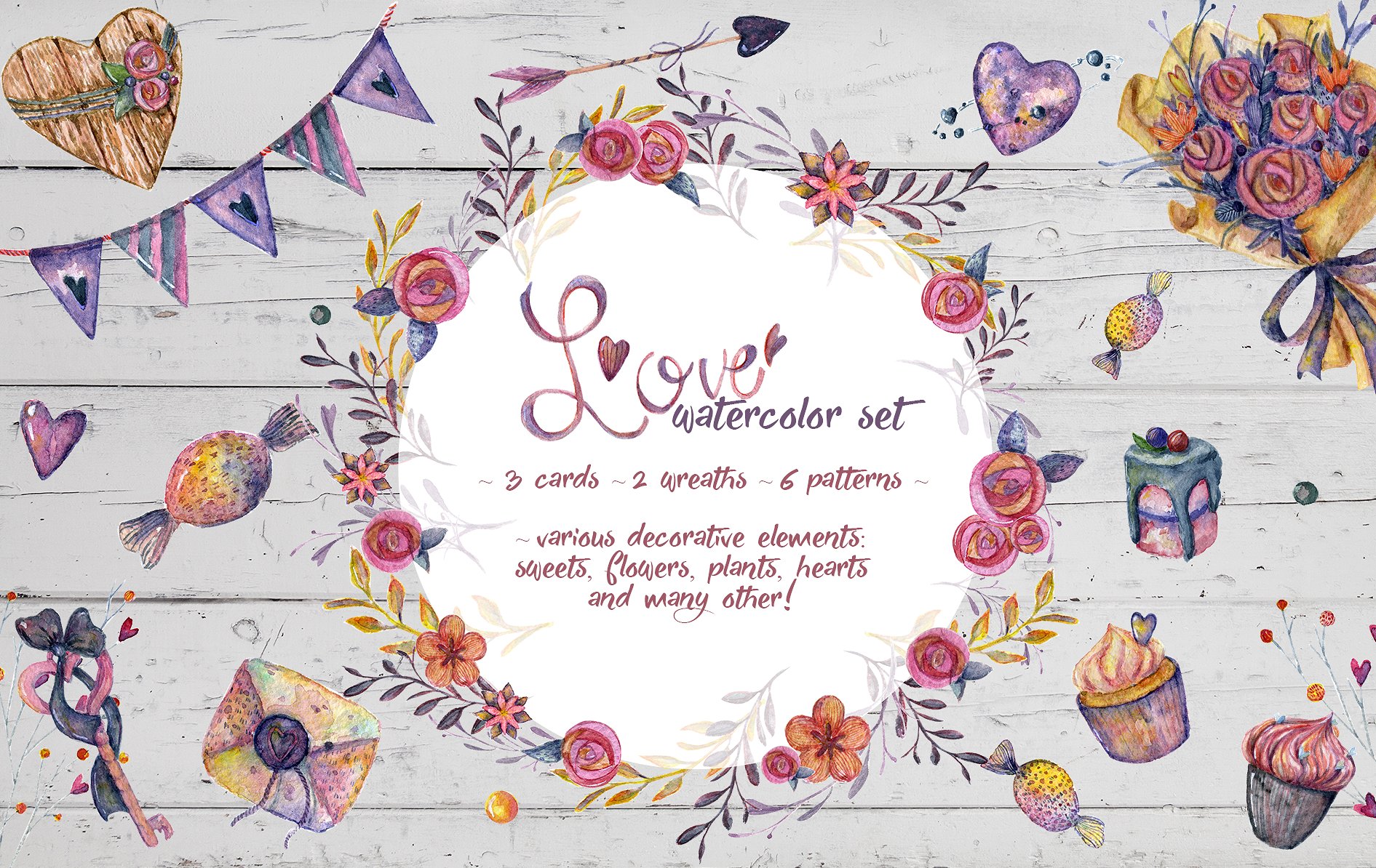 “爱”系列特色复古水彩画素材