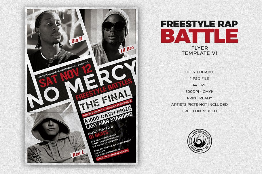 饶舌即兴说唱比赛宣传传单PSD模板V1 Freestyle Rap Battle Flyer PSD V1