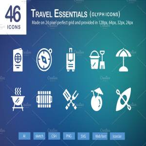 46个旅行必需品主题图标 46 Travel Essentials Glyph Icons