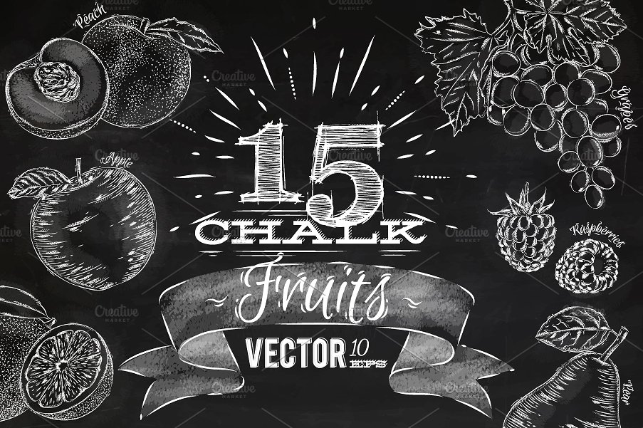 逼真手绘黑板粉笔剪贴画 Fruit chalk