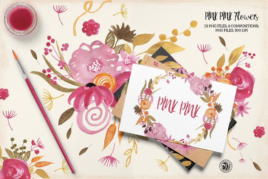 手绘水彩粉红色的花朵剪贴画素材  Pink Pink Flowers