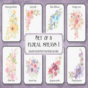 8套水彩花卉手绘图案剪贴画PNG素材 I Set of 8 Watercolor Clip Art Sprays I