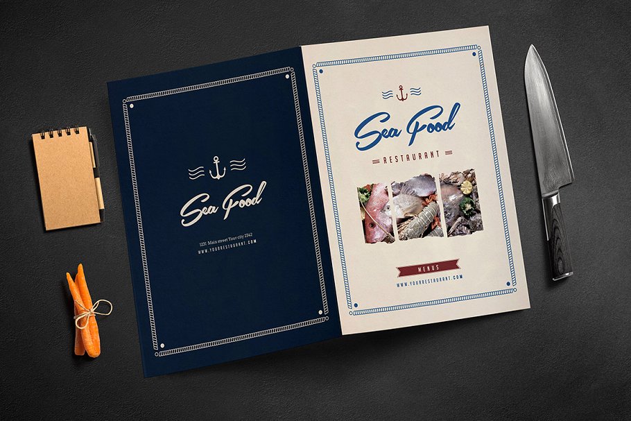 朴素海鲜餐馆折叠菜单模板 Rustic Sailor Bifold Menu