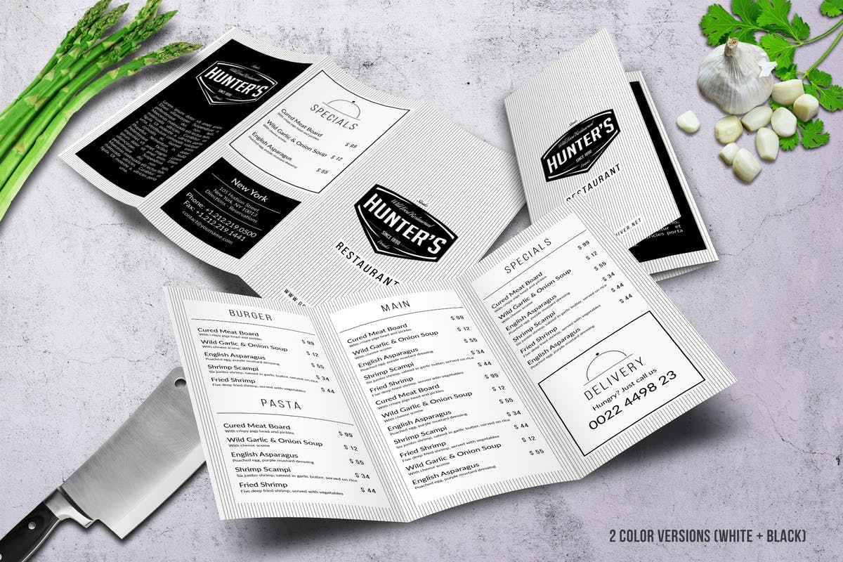 极简主义折页菜单模板 Minimal A4 Trifold Menu – 2 Color Versions