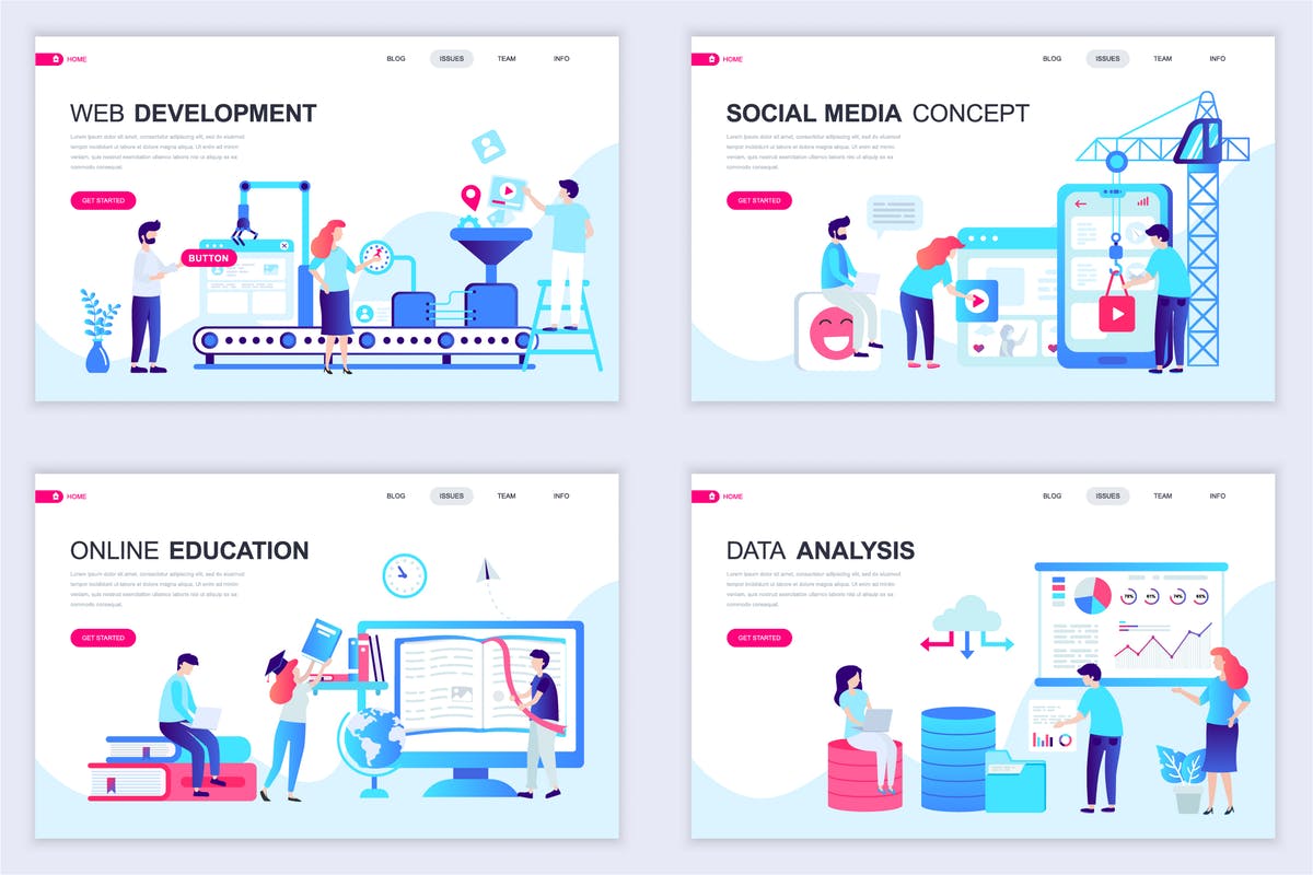 扁平设计风格场景概念插画网站着陆页设计模板v6 Set of Landing Page Templates Flat Concept