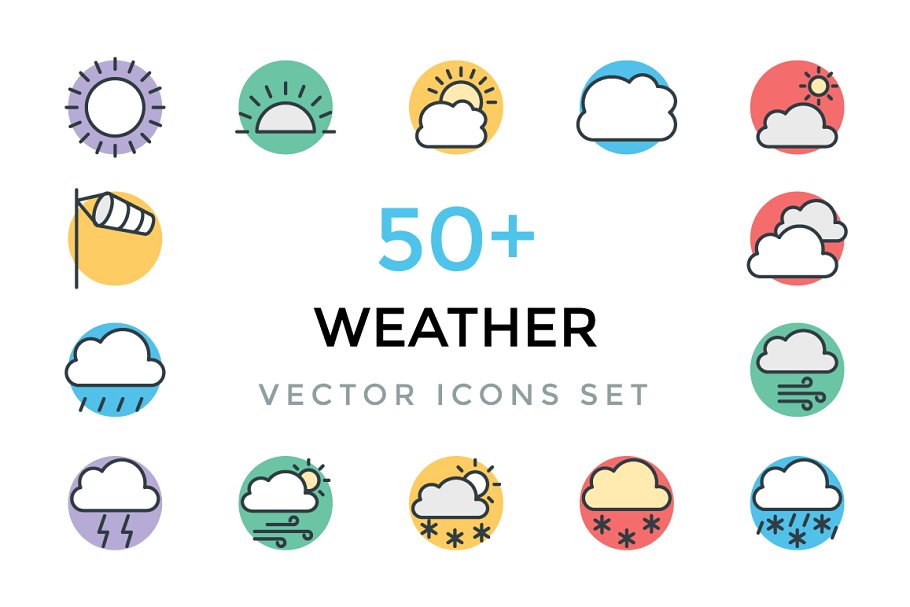 50+天气主题矢量彩色图标 50+ Weather Vector Icons