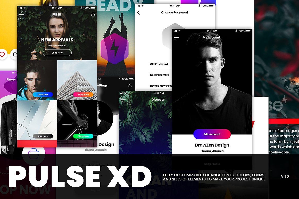一流设计素材网下午茶：酷炫的多功能购物类APP UI KITS套装下载[XD]