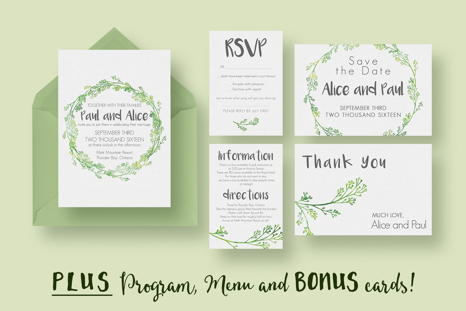 清新文艺的植物花边婚礼邀请函模板套装 Hip Wedding Invitation Suite