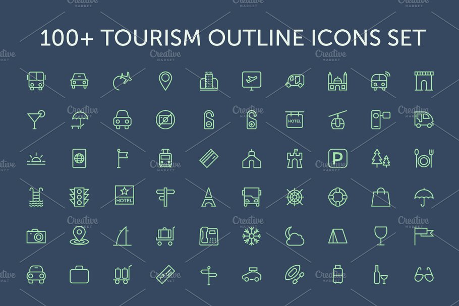 100枚旅游主题线条图标 100+ Tourism Outline Icons Set
