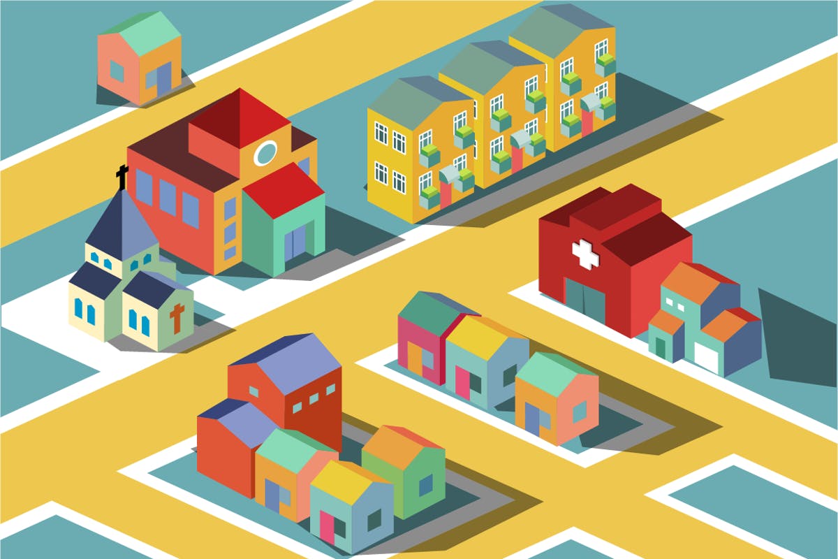 多彩等距社区邻居场景矢量插画v1 colorful Small neighborhood.