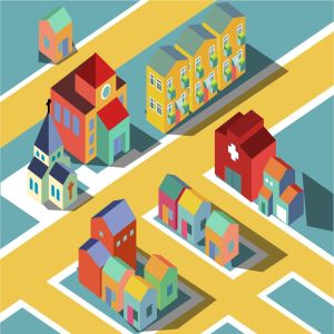 多彩等距社区邻居场景矢量插画v1 colorful Small neighborhood.