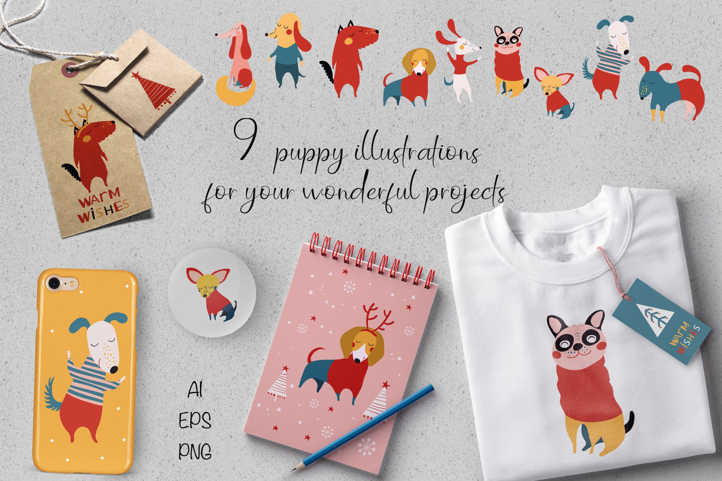 圣诞小狗可爱动物矢量手绘插画素材 Christmas Puppies