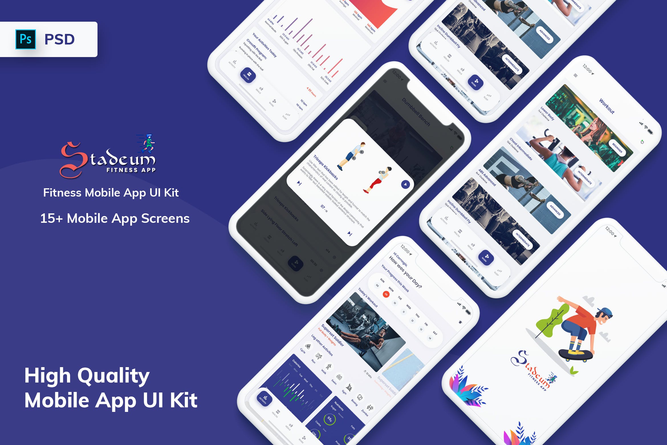 健身APP应用设计UI套件 Stadeum – Fitness Mobile App UI Kit (PSD)