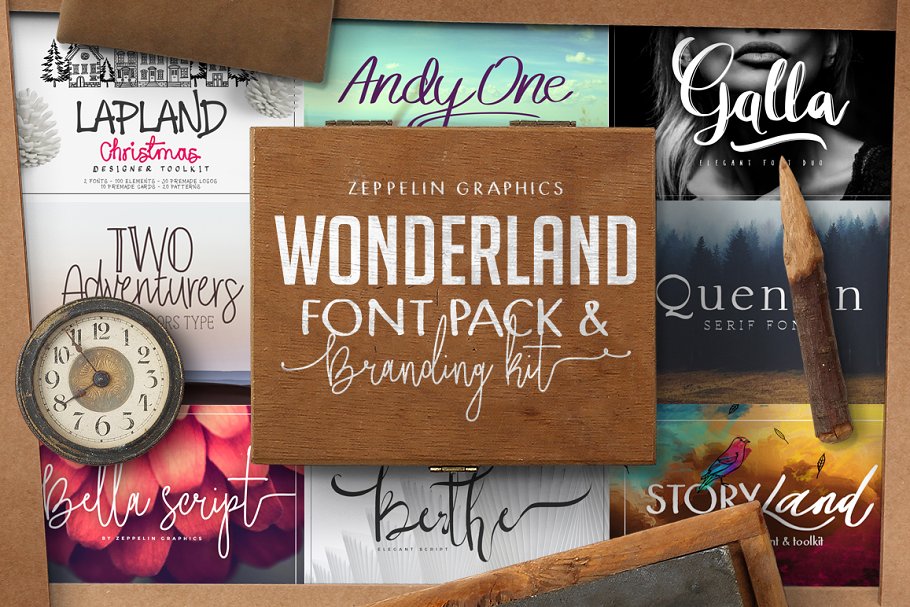 13款手写英文字体合集&Logo模板、矢量插画 Wonderland Fonts Pack & Branding Kit