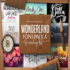13款手写英文字体合集&Logo模板、矢量插画 Wonderland Fonts Pack & Branding Kit