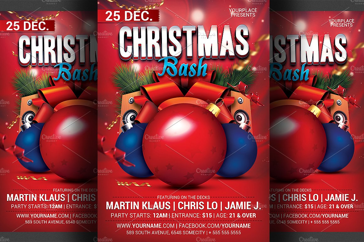 喜庆主题风格圣诞球活动海报模板 Christmas Bash Party Flyer Template