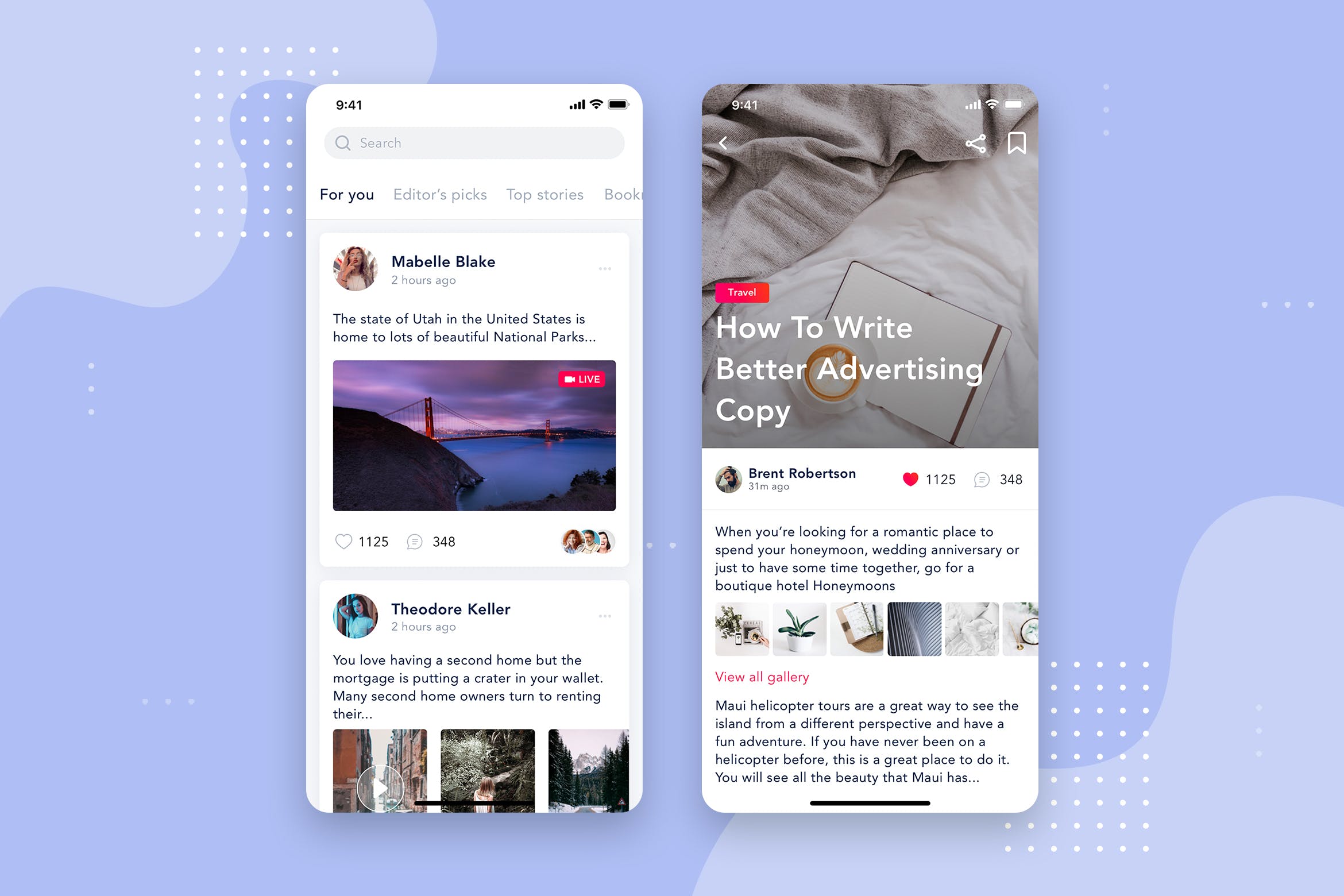 社交APP应用文章列表&详情界面设计模板v3 Social – Articles Mobile Interface Concept