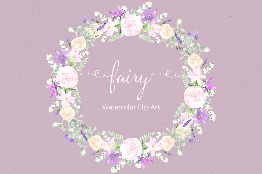 花环花束水彩剪贴画 Fairy. Purple Watercolor Clipart.