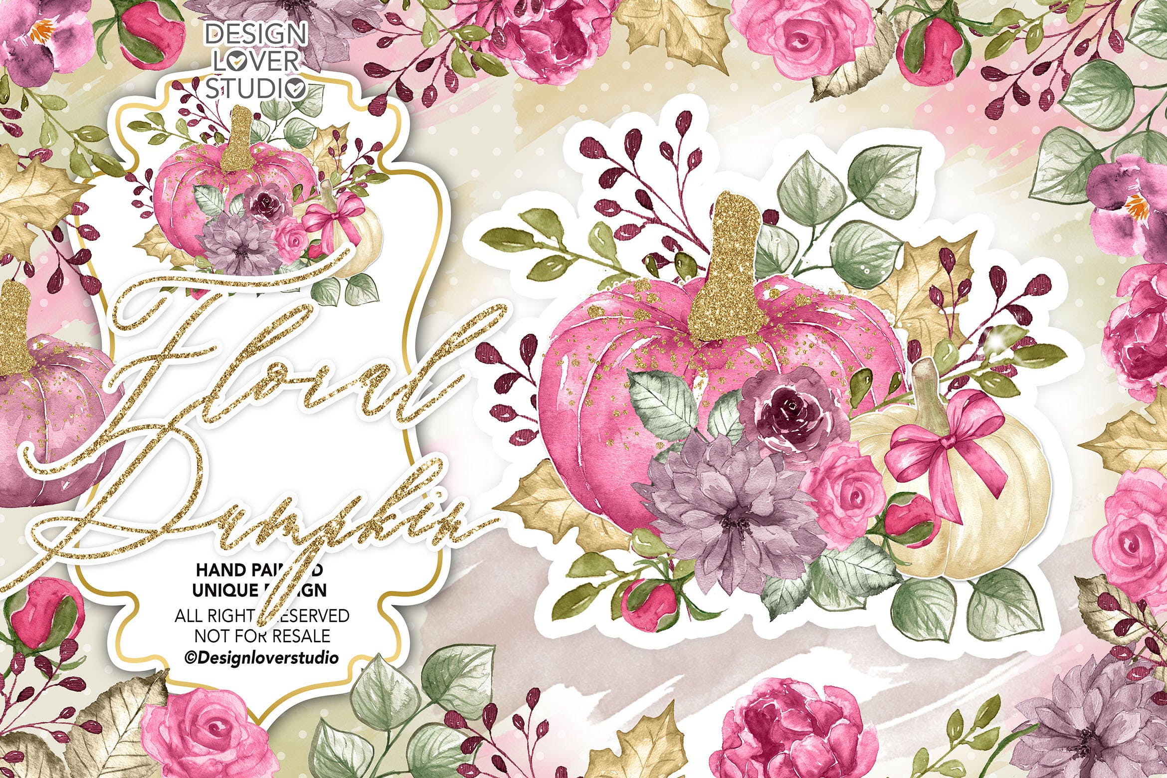 南瓜&花卉水彩剪贴画素材 Watercolor “Floral Pumpkin 2” clip arts