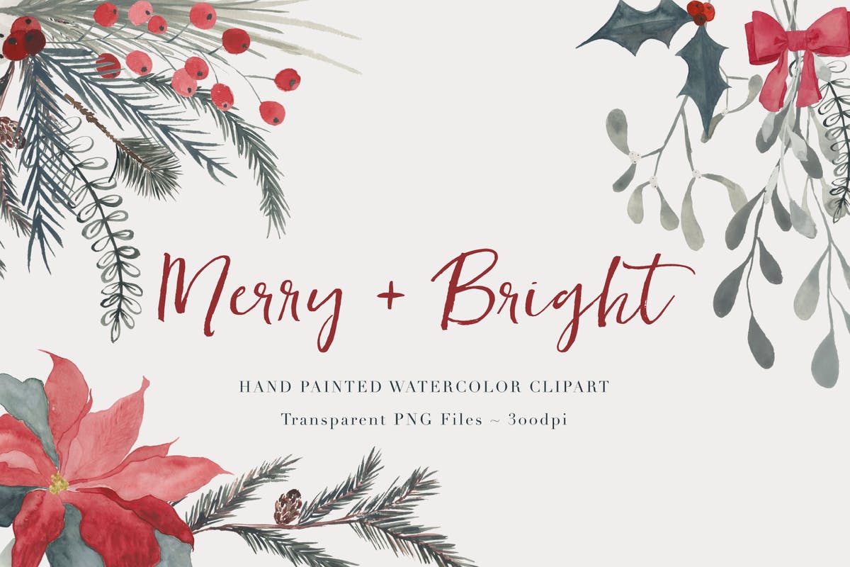 圣诞节主题水彩花卉剪贴画素材 Christmas Watercolor Clipart