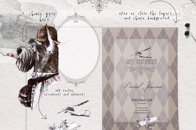 复古手绘水彩小狗插画 GENTLEMAN DOGS SET