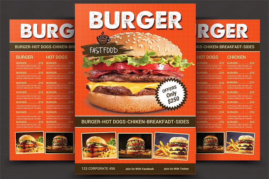 西式快餐面包店菜单设计模板 Restaurant Menu