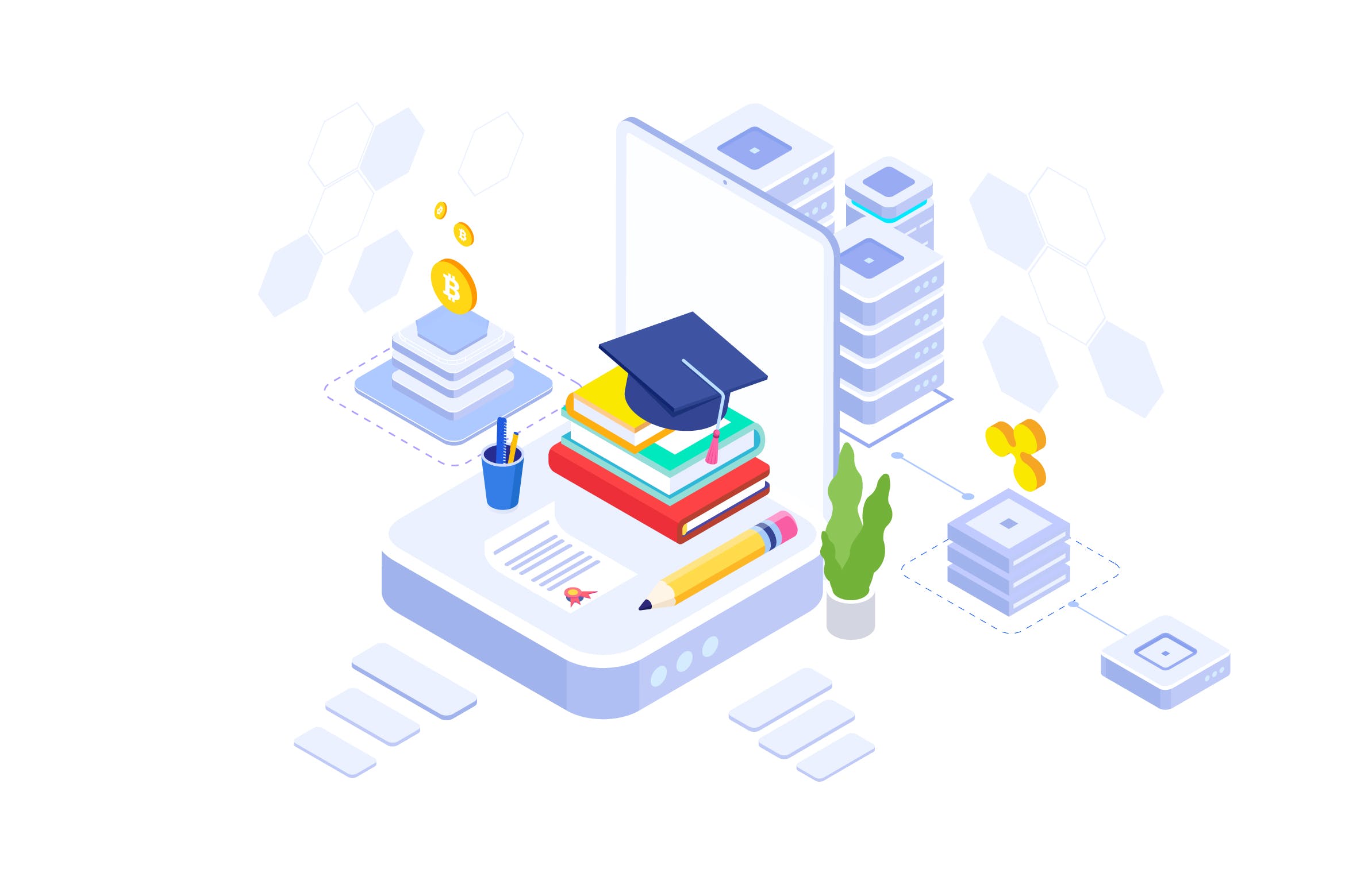 教育基金区块链平台等距概念插画v4 Education Fund Blockchain Platform Isometric – FV