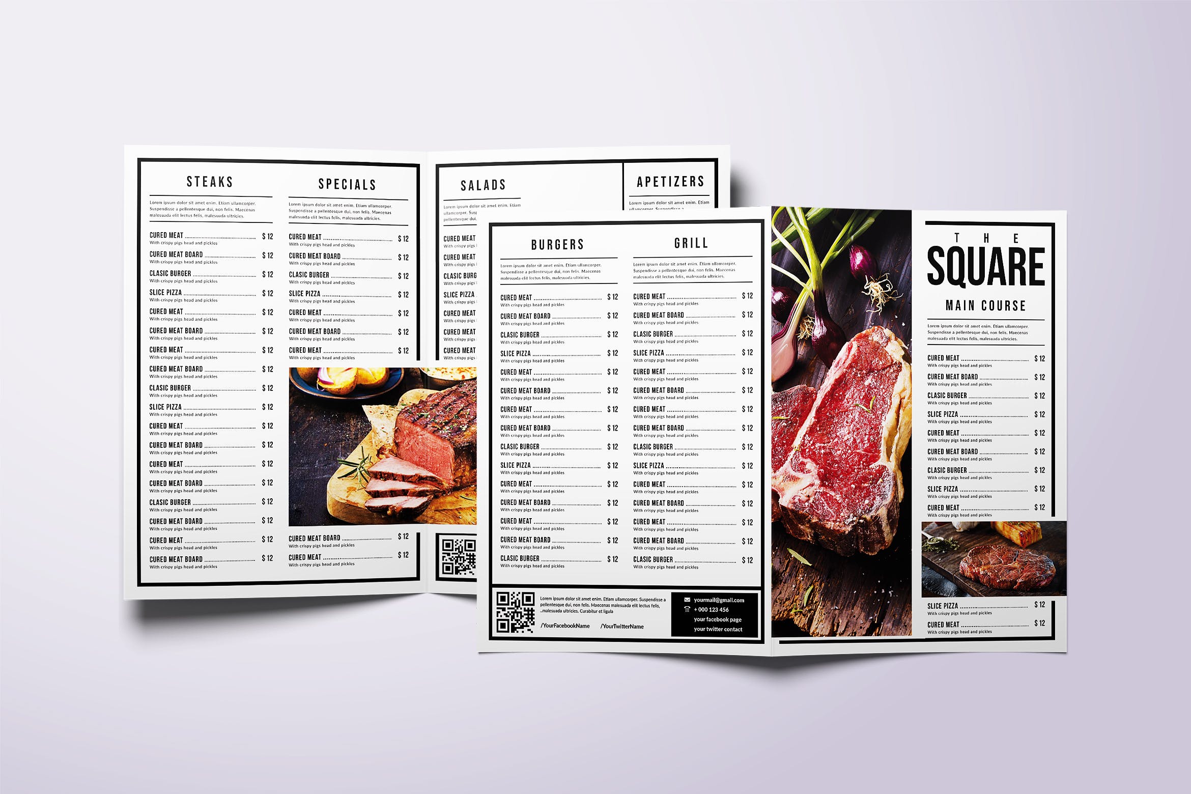 经典极简双折A4&美国信纸大小美食菜单模板 Classic Minimal Bifold A4 & US Letter Food Menu