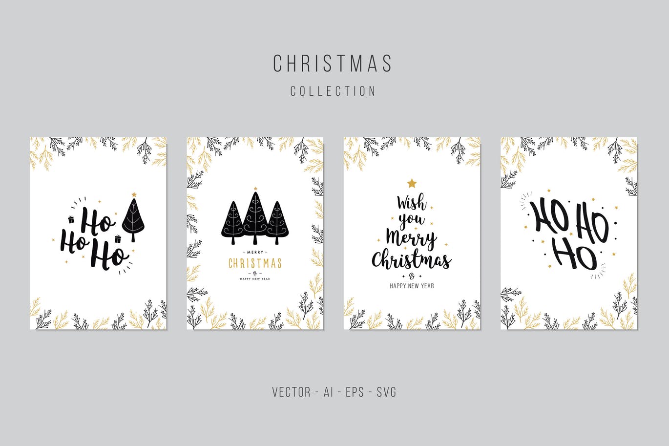 圣诞树&圣诞祝福语圣诞节贺卡矢量设计模板集 Christmas Greeting Vector Card Set