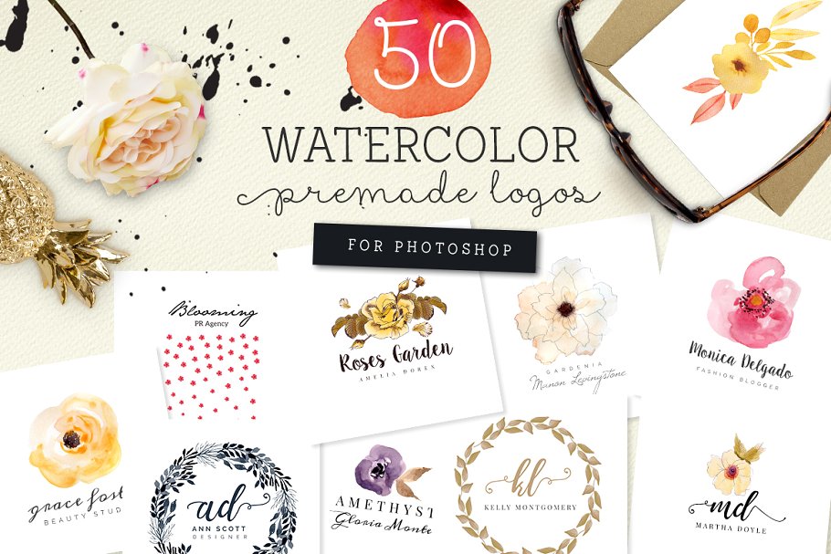50枚预设水彩风格Logo模板 50 Premade Watercolor Logos