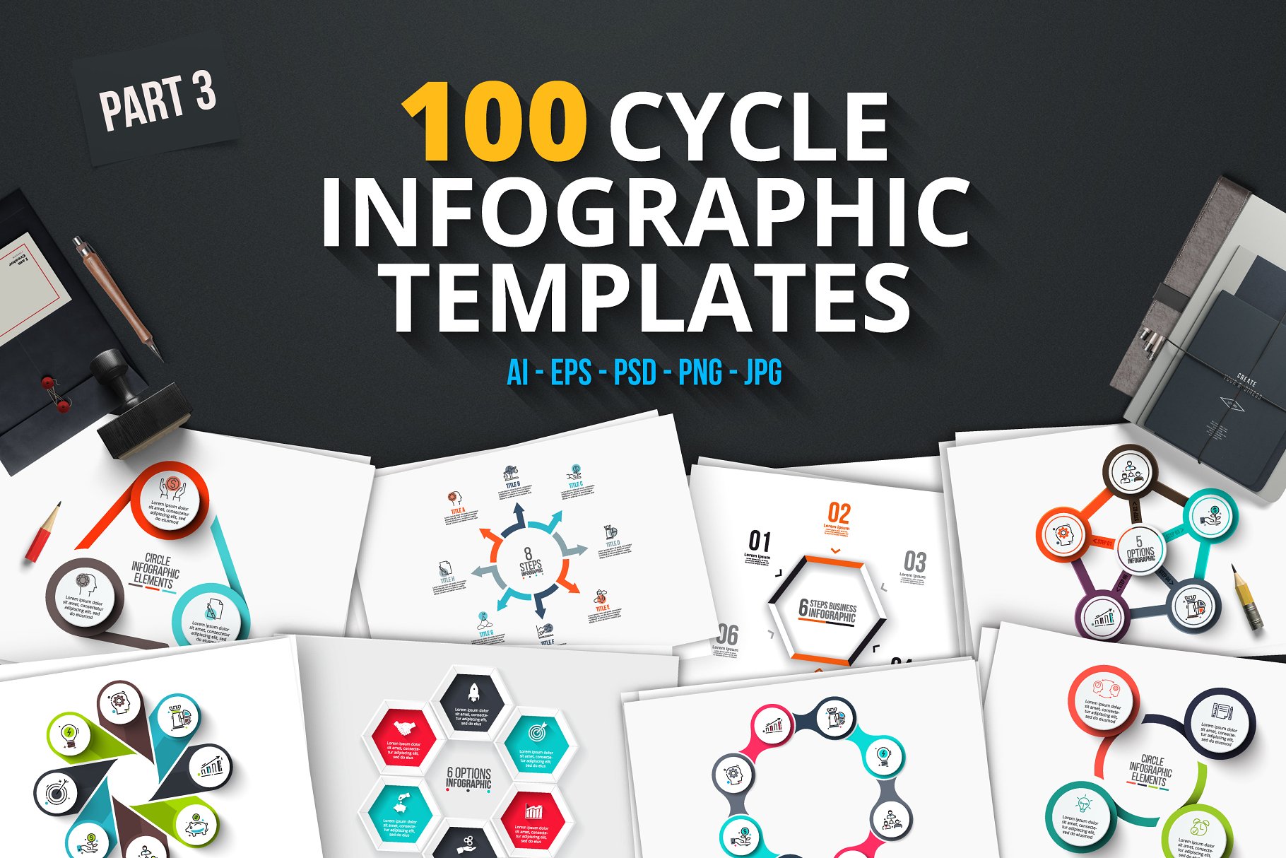 100宽圆形信息图表模板 100 cycle infographics (part 3)