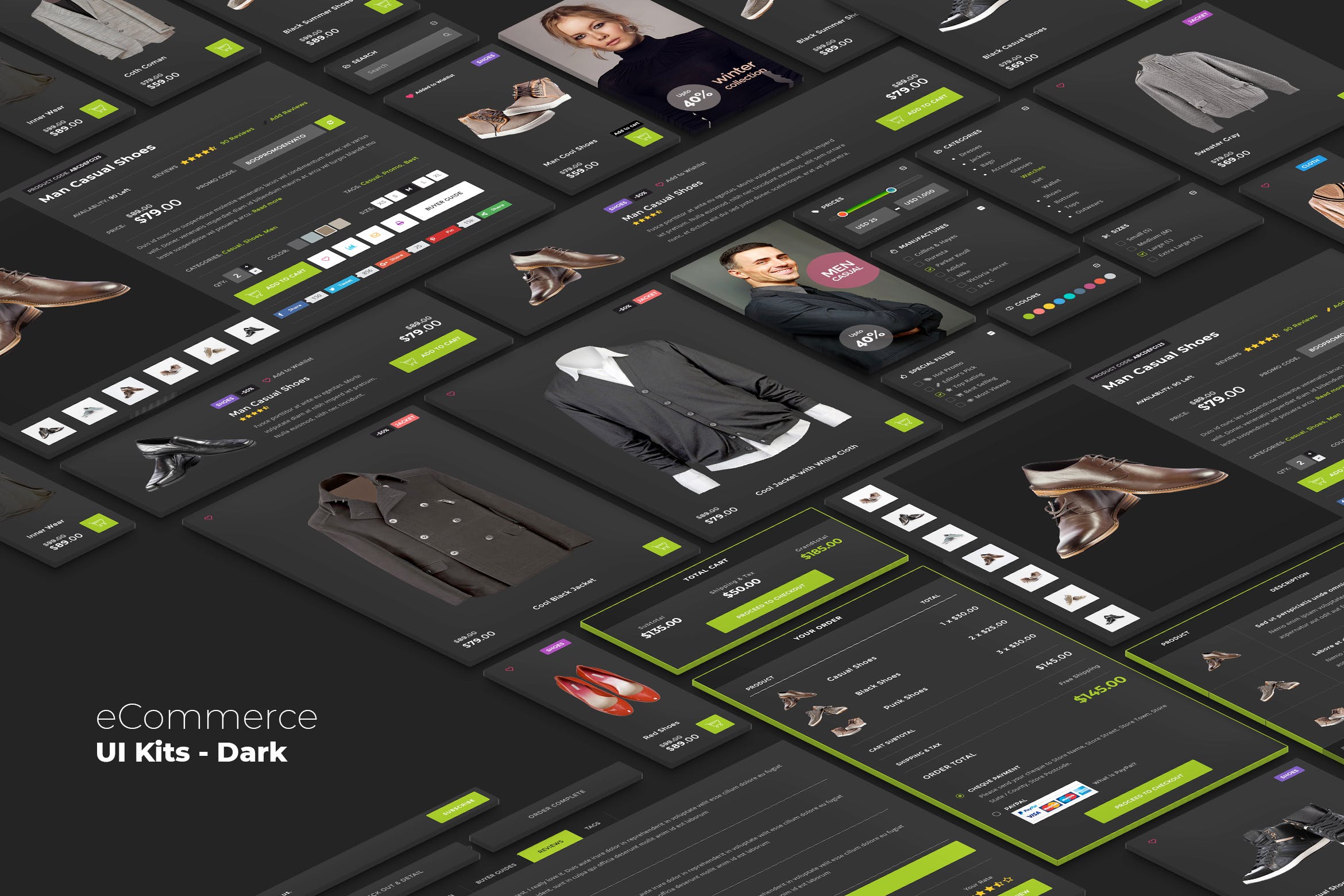 高逼格酷黑风格服饰电商Web设计UI套件 eCommerce UI kits – Dark Style