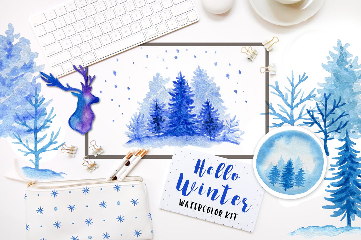 冬季水彩元素设计套装 Winter Watercolor Design Kit