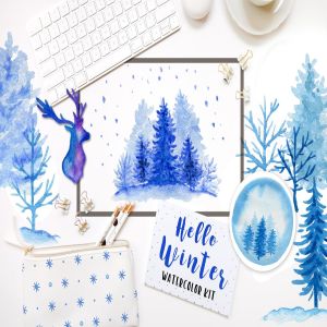 冬季水彩元素设计套装 Winter Watercolor Design Kit