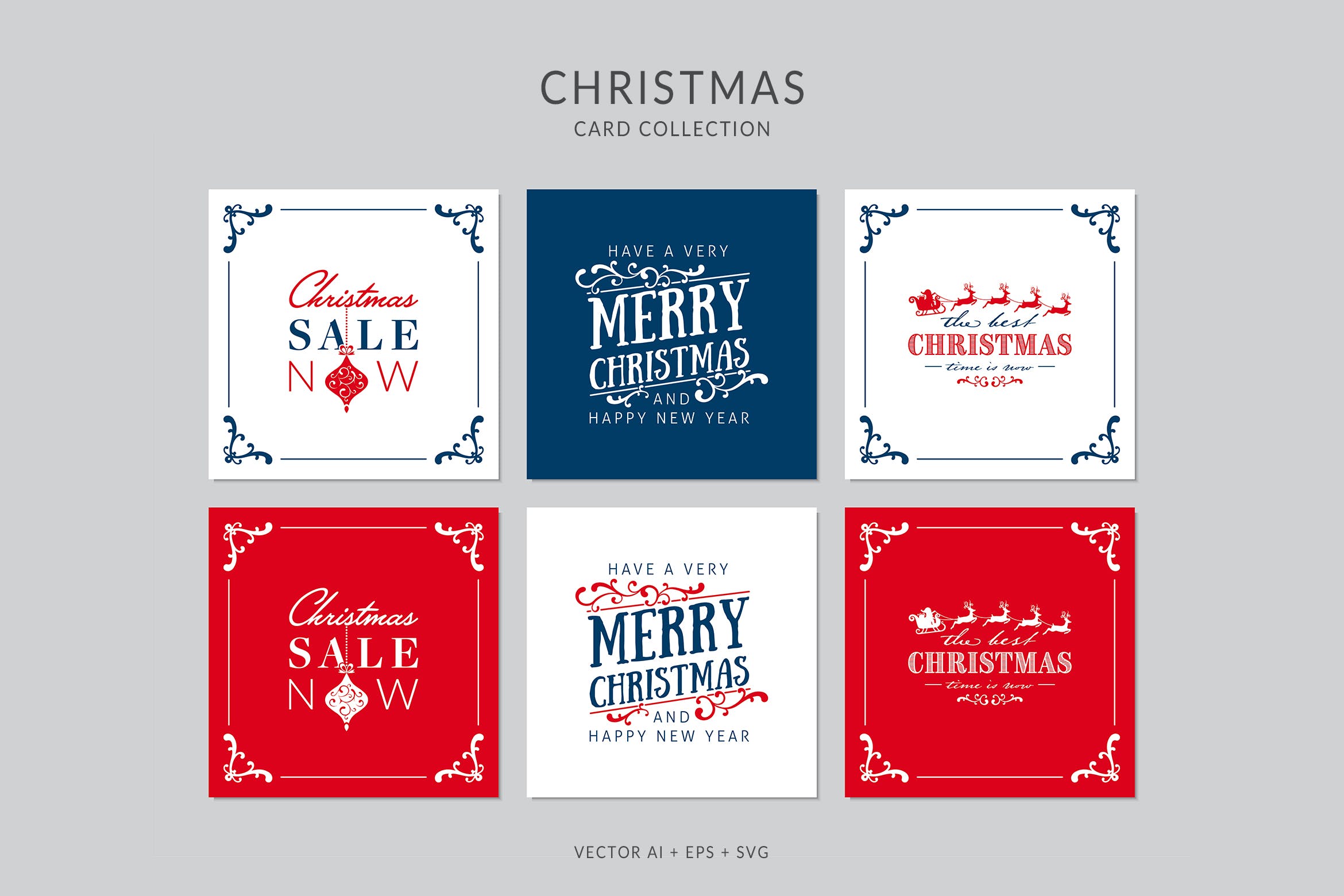 复古装饰框风格圣诞节贺卡设计模板 Christmas Greeting Card Vector Set