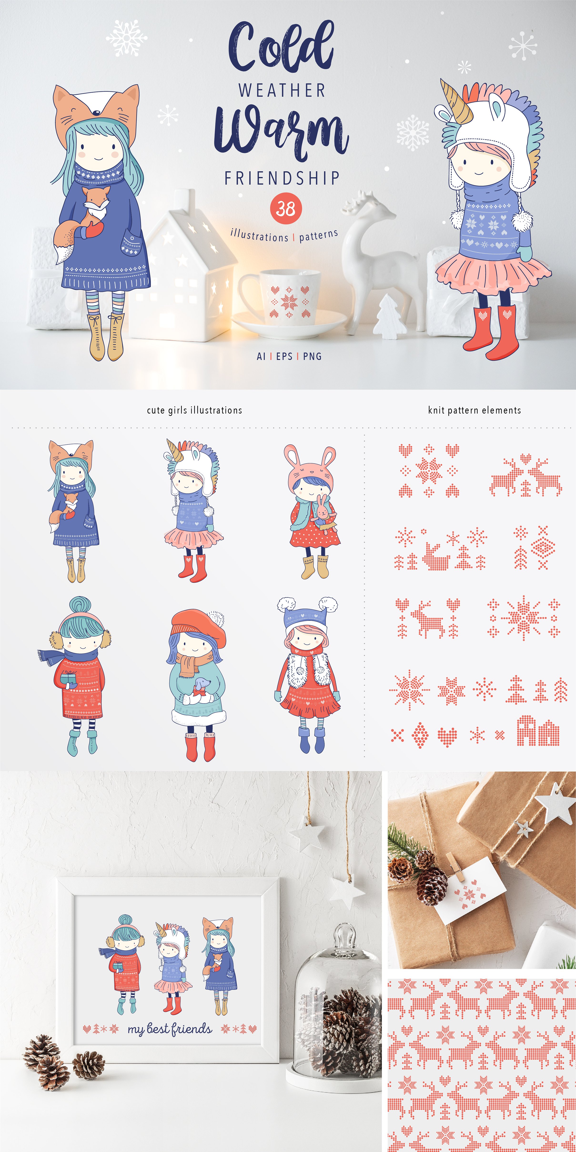 可爱的卡通冬装女孩手绘插画 Cold weather, Warm friendship