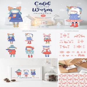 可爱的卡通冬装女孩手绘插画 Cold weather, Warm friendship
